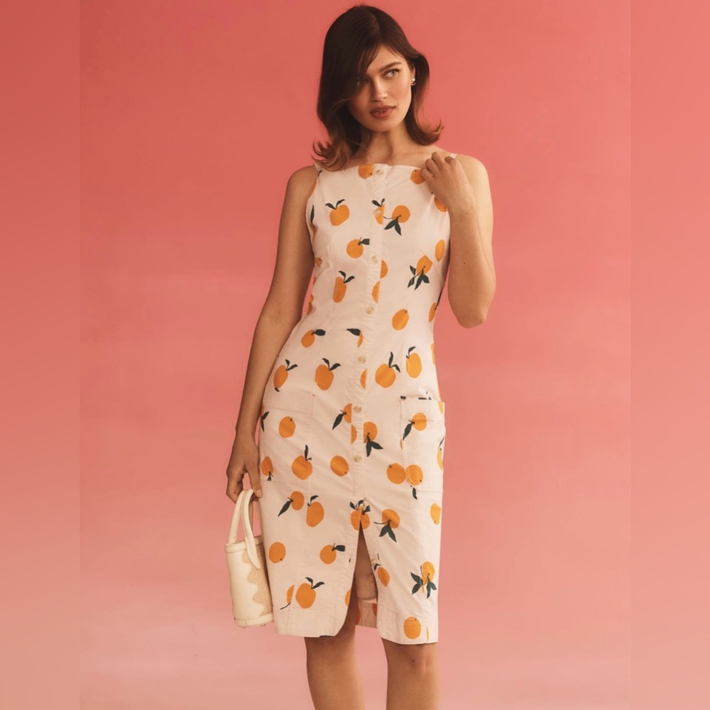 NWOT Anthropologie Maeve orange fruit button up pleated collette dress size S